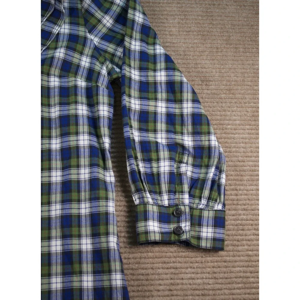 Tory Burch Blue Green Tartan Plaid Ruffle Front Button Down Blouse Small EUC